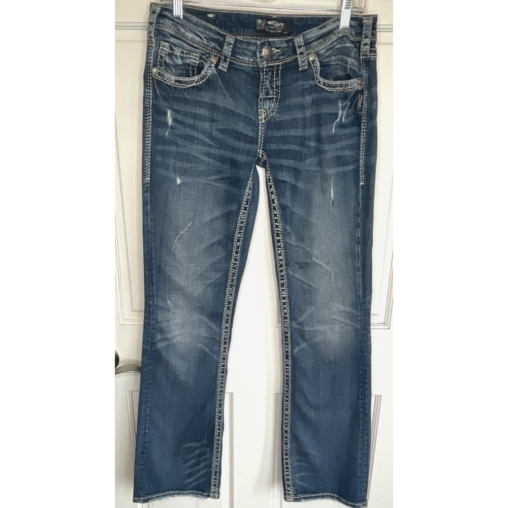 Silver Jeans Women`s Aiko Bootcut Jeans Sz 29X33L Thick Stitch Distress Cowgirl